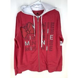 New disney minnie mouse sweatshirt Full Zip Red Black White Polka Dot Large Hood
